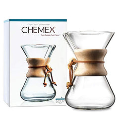Chemex Hand Blown Glass Coffee Maker with Wood Collar and Tie, 5 cup capacity.