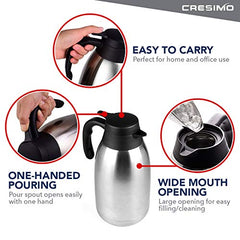 Cresimo 68 Oz Stainless Steel Thermal Coffee Carafe / Double Walled Vacuum Flask / 12 Hour Heat Retention / 2 Liter Tea, Water, and Coffee Dispenser