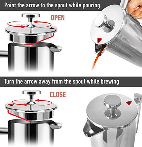 Mueller French Press Double Insulated 310 Stainless Steel Coffee Maker 4 Level Filtration System, No Coffee Grounds, Rust-Free, Dishwasher Safe
