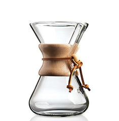 Chemex Hand Blown Glass Coffee Maker with Wood Collar and Tie, 5 cup capacity.