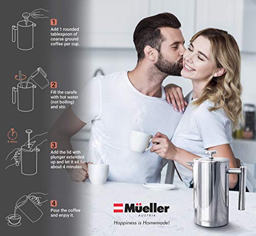 MuellerLiving French Press Coffee Maker, 20 oz, Stainless Steel, 4 Filters, Double Insulated, Rust-Free, Dishwasher Safe