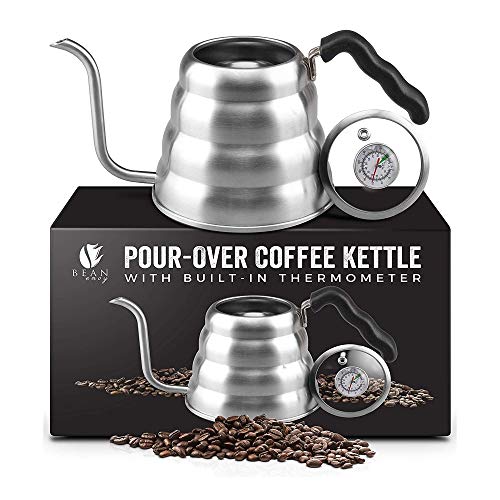 Bean Envy Gooseneck Pour Over Coffee Kettle - 40oz/1.2L - Premium Grade Stainless Steel - Insulated BPA Free Plastic Ergonomic Handle - Glass Top With Built-In Thermometer