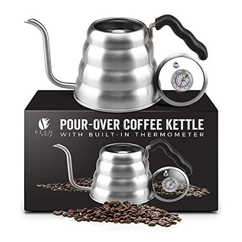 Bean Envy Gooseneck Pour Over Coffee Kettle - 40oz/1.2L - Premium Grade Stainless Steel - Insulated BPA Free Plastic Ergonomic Handle - Glass Top With Built-In Thermometer