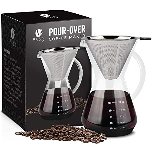 T-mark Pour Over Coffee Maker with Reusable Double-layer Stainless Steel  Filter, 600ml/20oz BPA-Free Glass Coffee Carafe, Glass Coffee Maker, Coffee