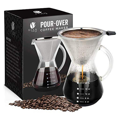 Bean Envy Pour Over Coffee Maker - 20 oz Borosilicate Glass Carafe - Rust Resistant Stainless Steel Paperless Filter/Dripper - Includes Custom Silicone Sleeve