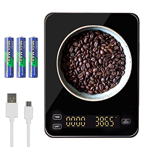 ERAVSOW Coffee Scale with Timer,USB Rechargeable Pour Over Coffee Scale with 3kg/0.1g High Precision,LED Display and Tempered Glass.(USB Cable and Batteries Included)