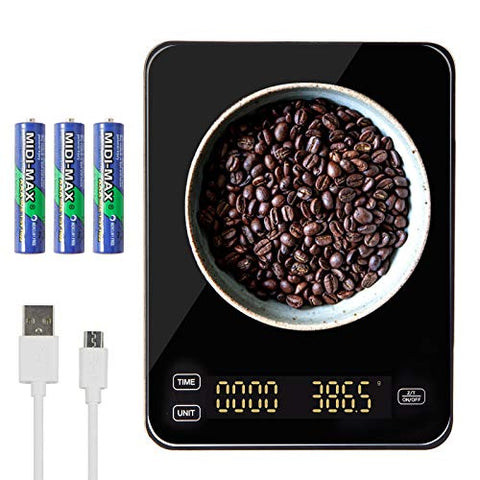 ERAVSOW Coffee Scale with Timer,USB Rechargeable Pour Over Coffee Scale with 3kg/0.1g High Precision,LED Display and Tempered Glass.(USB Cable and Batteries Included)
