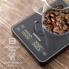 ERAVSOW Coffee Scale with Timer,USB Rechargeable Pour Over Coffee Scale with 3kg/0.1g High Precision,LED Display and Tempered Glass.(USB Cable and Batteries Included)